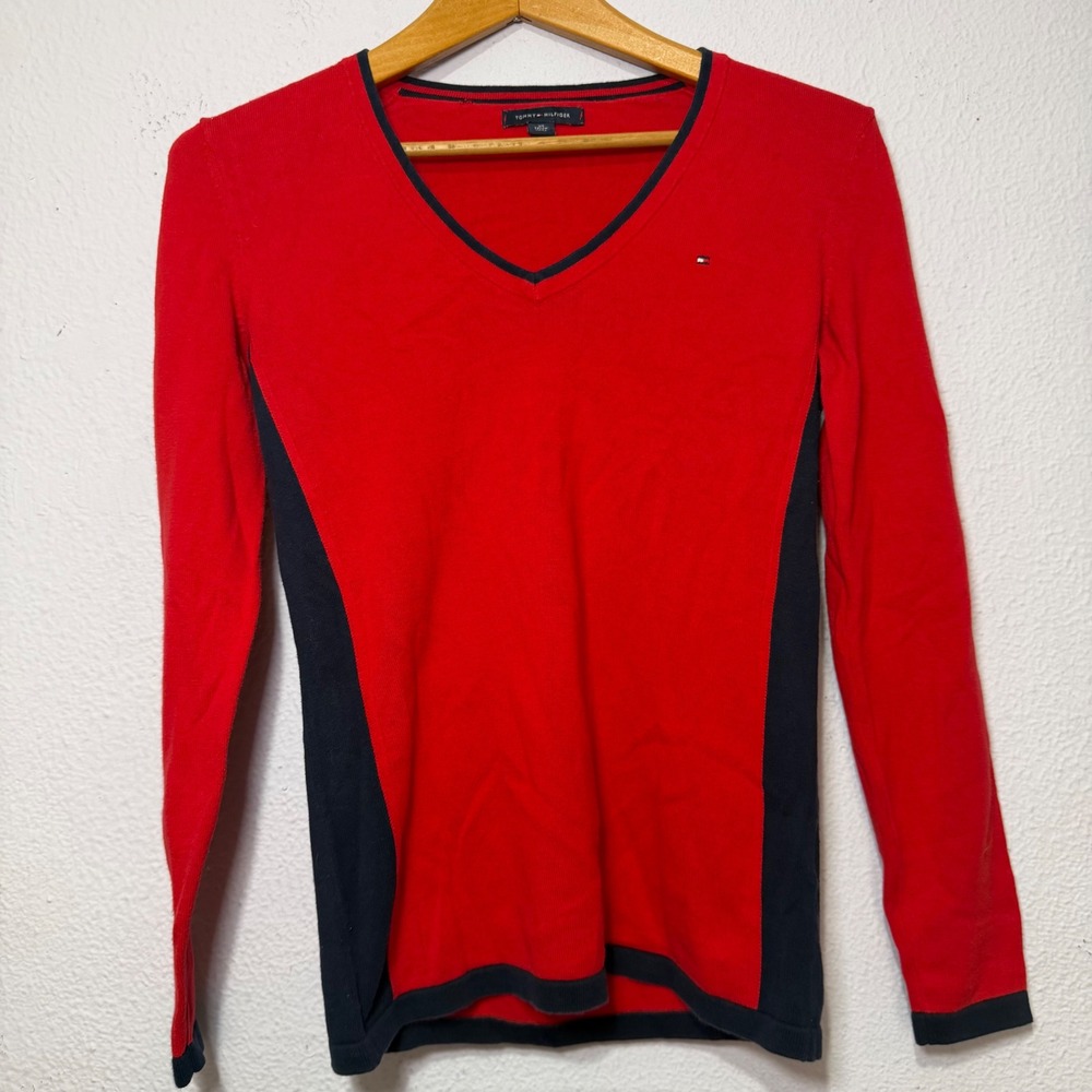 Tommy Hilfiger Womens Red Navy Colorblock V-Neck Sweater XS Long Sleeve Preppy